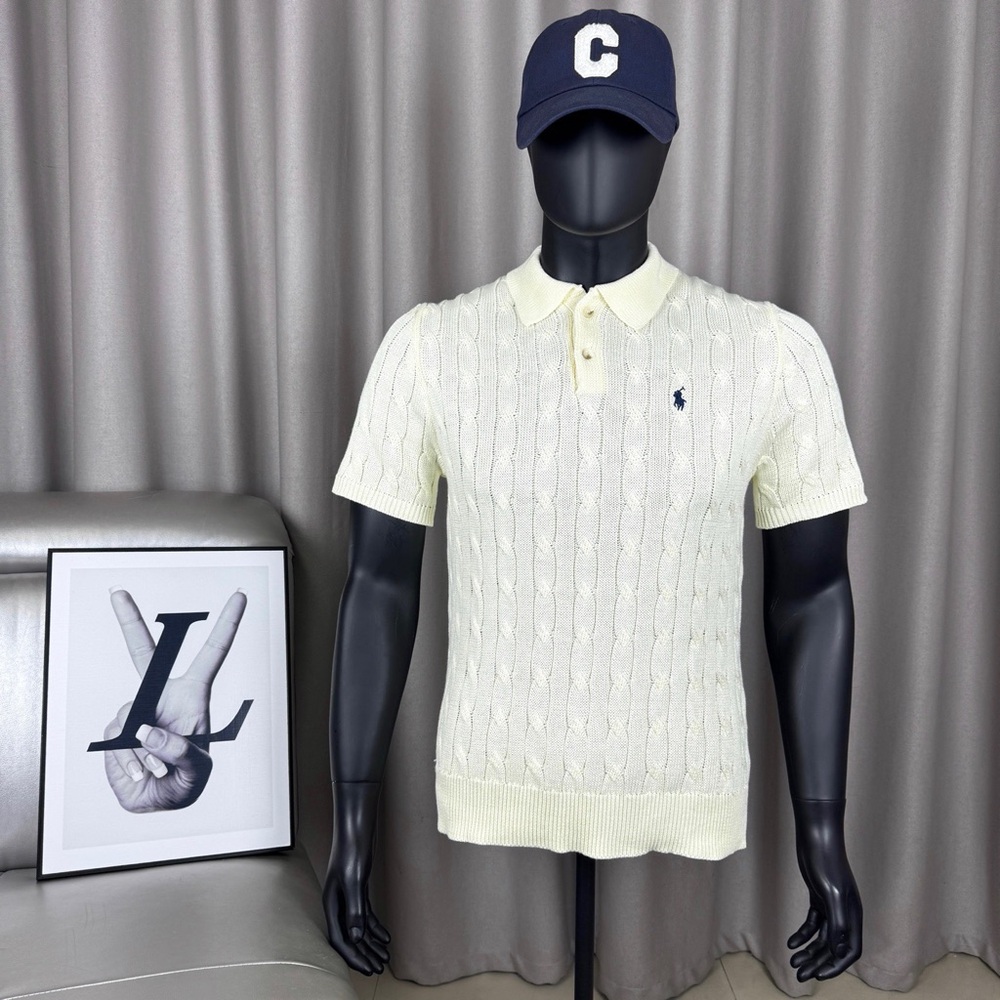 Ralph Lauren Cream Cable-Knit Short Sleeve Polo